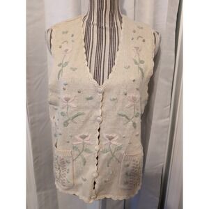 Vintage Bryn Connelly Floral Embroidered Scalloped Knit Vest Sz M Granny Easter
